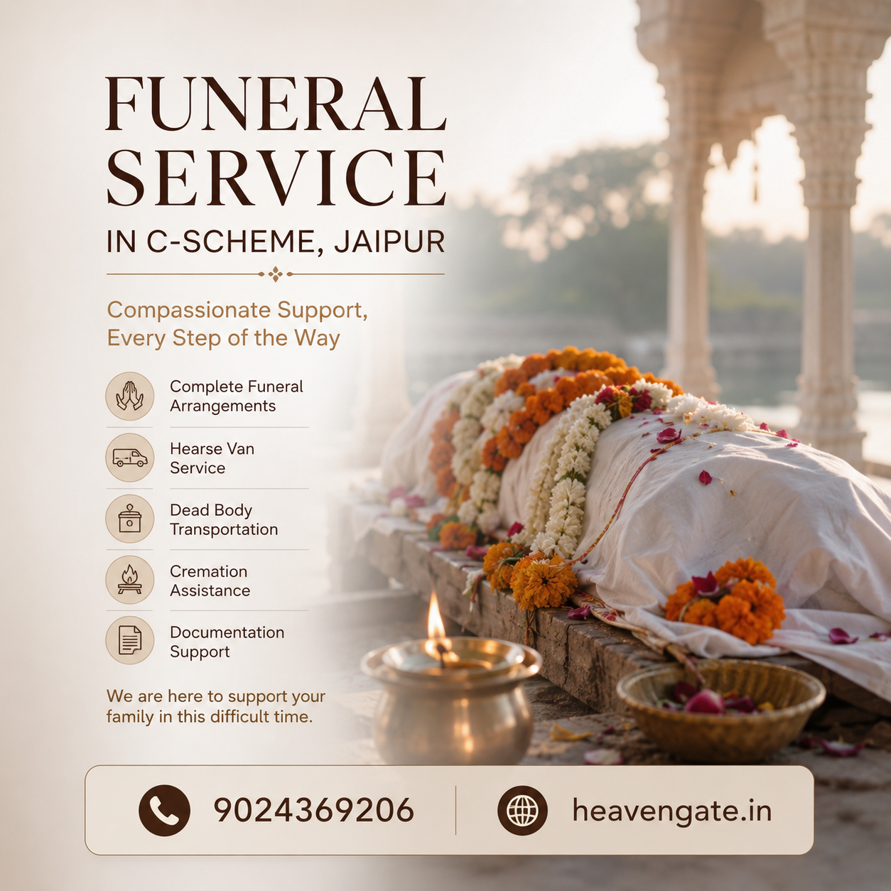 Funeral service in C-Scheme Jaipur with compassionate end-to-end funeral arrangements, hearse van support, cremation assistance, phone 9024369206.
