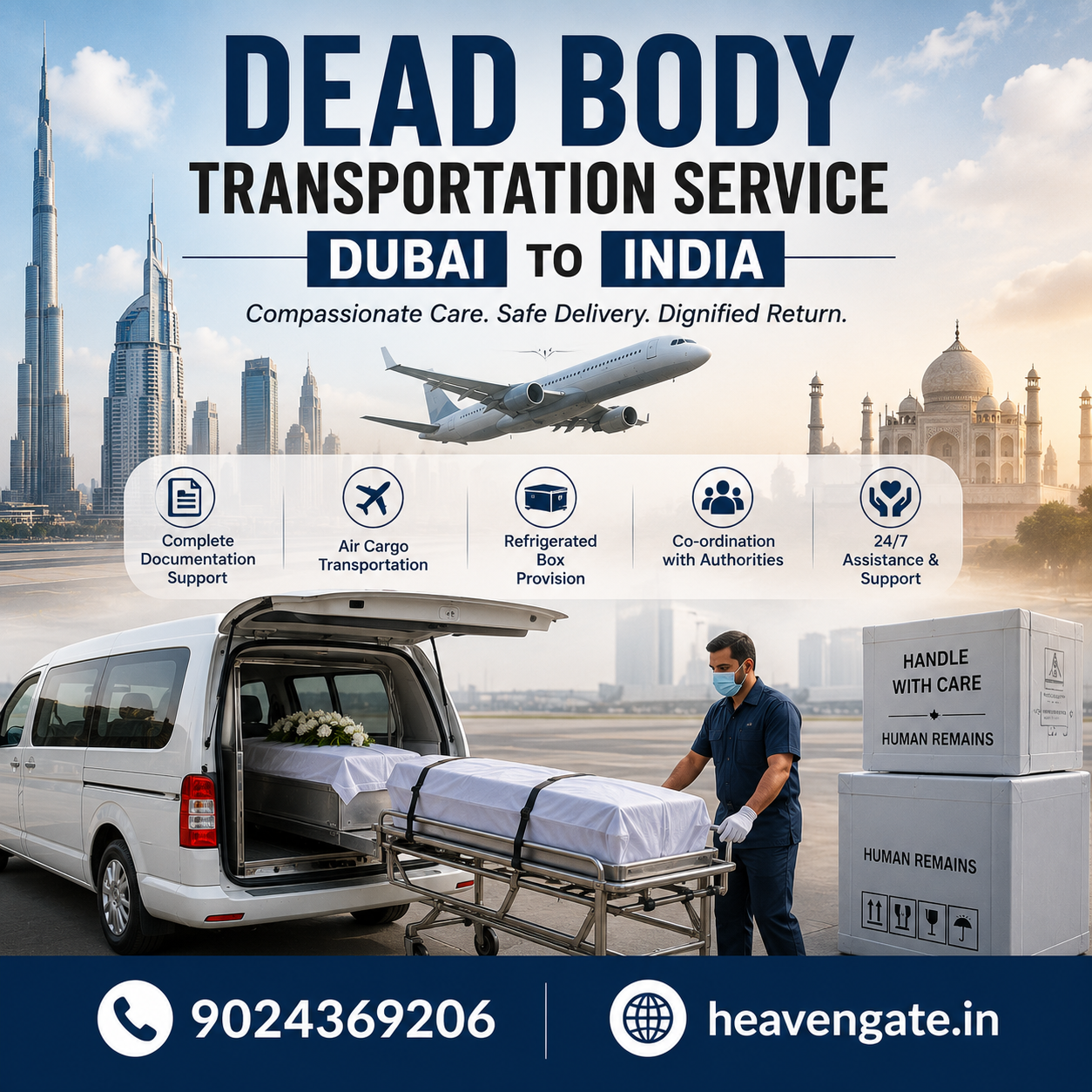 Dead Body Transportation Service from Dubai to India with international repatriation, documentation, and air cargo assistance by Heaven Gate.