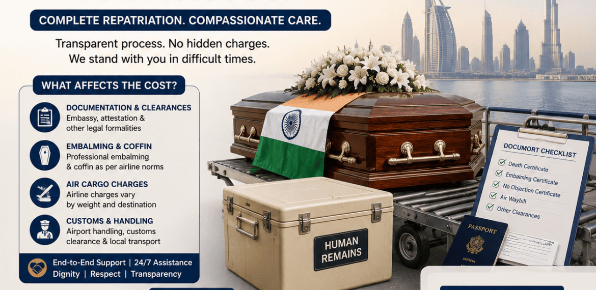 Cost of Bringing a Dead Body from UAE to India with international repatriation, air cargo, documentation, and transportation assistance.