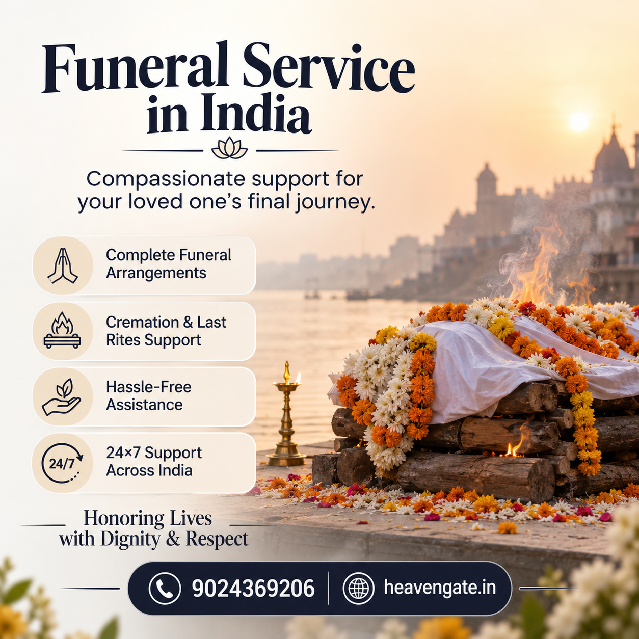 Funeral Service in India with complete cremation and last rites assistance by Heaven Gate, available 24x7 across India.