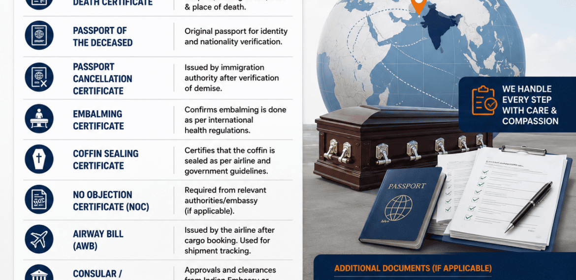 Documents Required for International Repatriation showing the essential paperwork needed to transport mortal remains to India safely and legally.