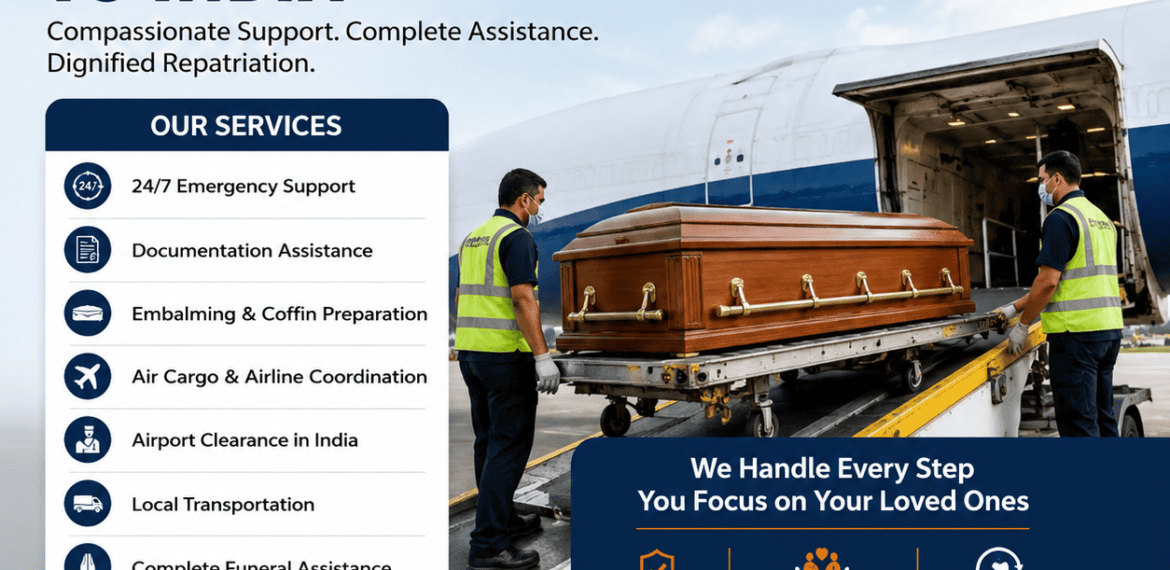 Repatriation of Mortal Remains to India with international dead body transportation, air cargo assistance, and airport coordination by Heaven Gate.