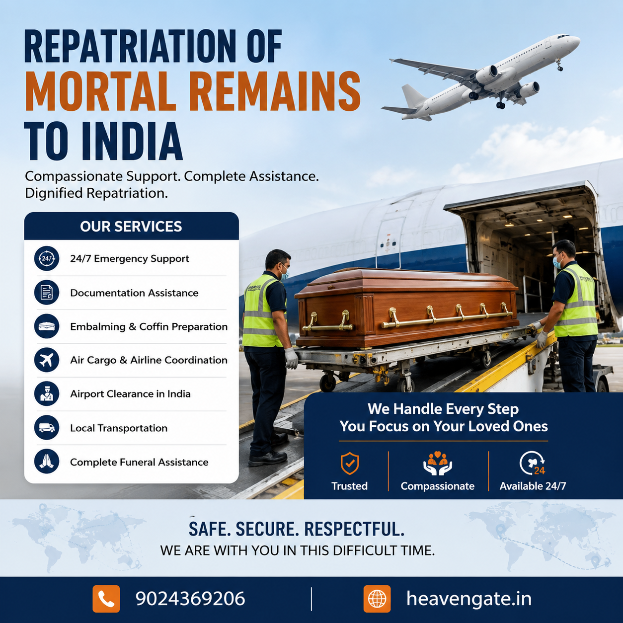 Repatriation of Mortal Remains to India with international dead body transportation, air cargo assistance, and airport coordination by Heaven Gate.