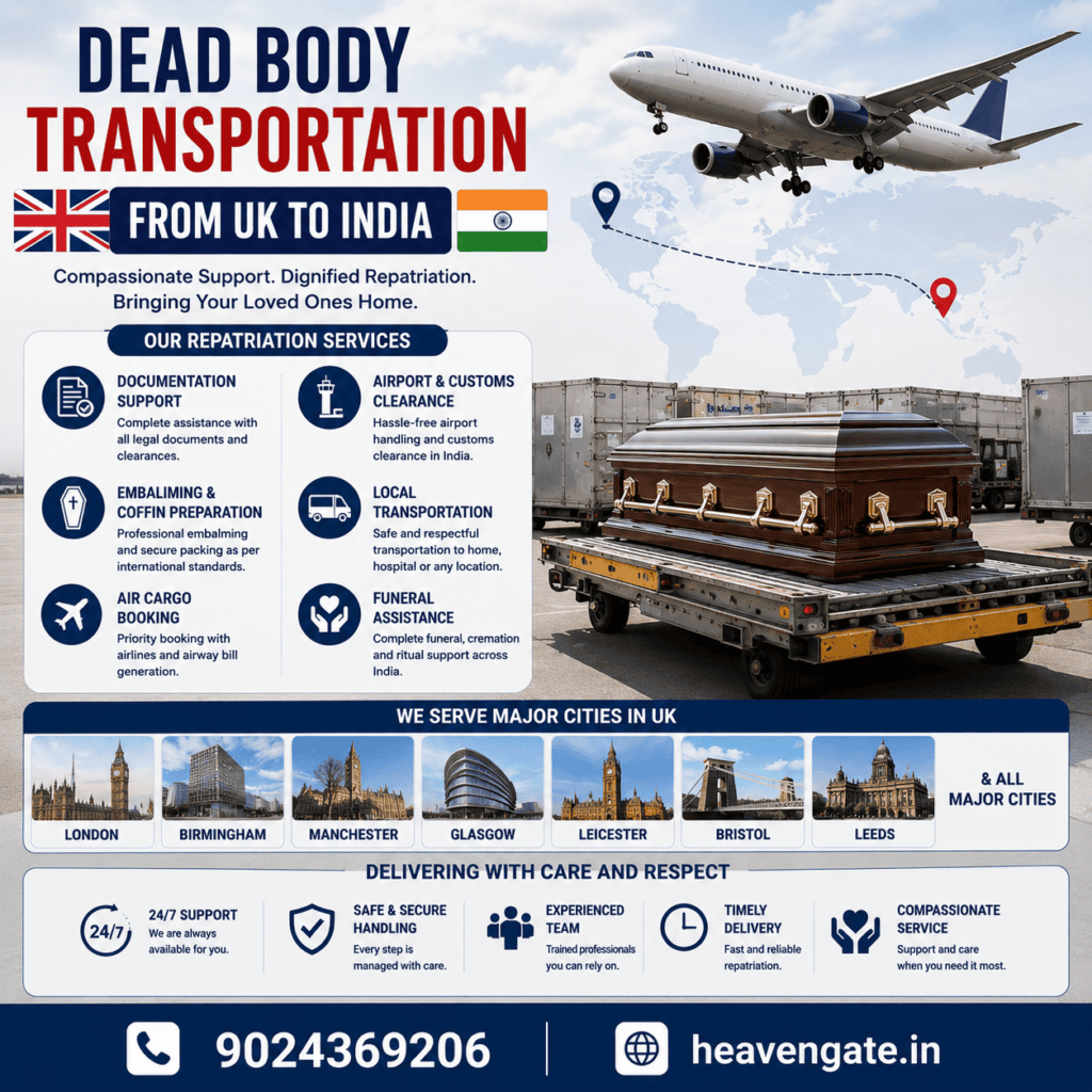 Dead Body Transportation from UK to India with international air cargo repatriation, documentation support, and airport coordination by Heaven Gate.