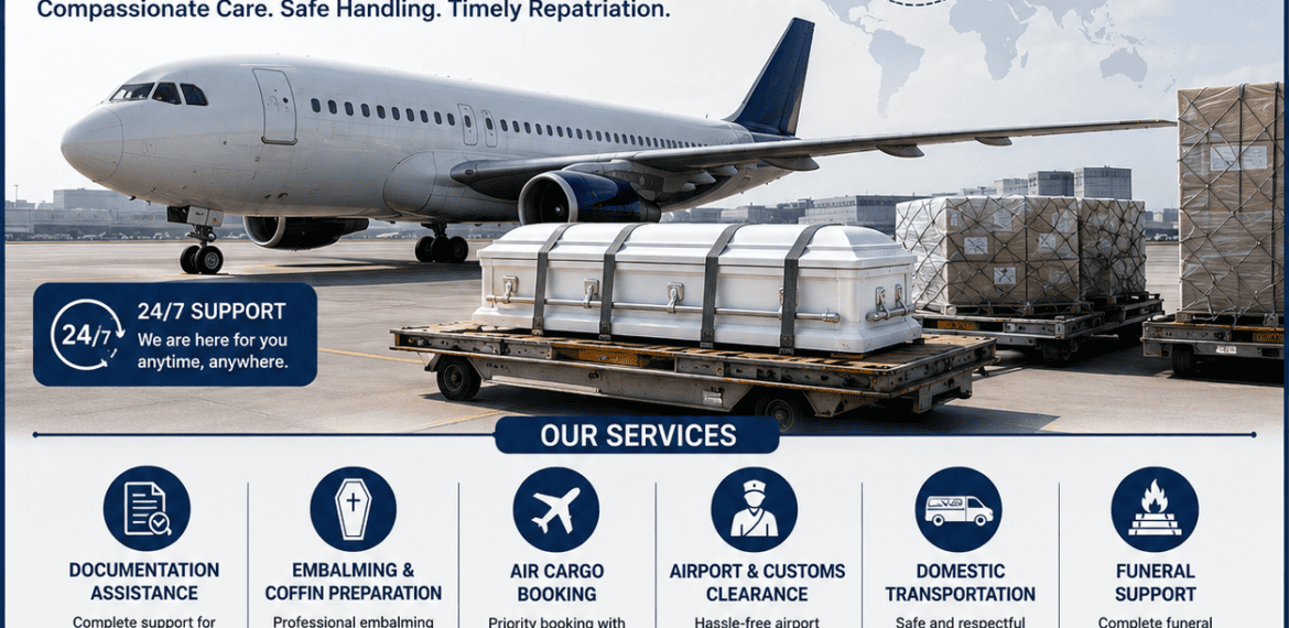 Dead Body Transportation from USA to India with international air cargo repatriation, documentation support, and airport coordination by Heaven Gate.
