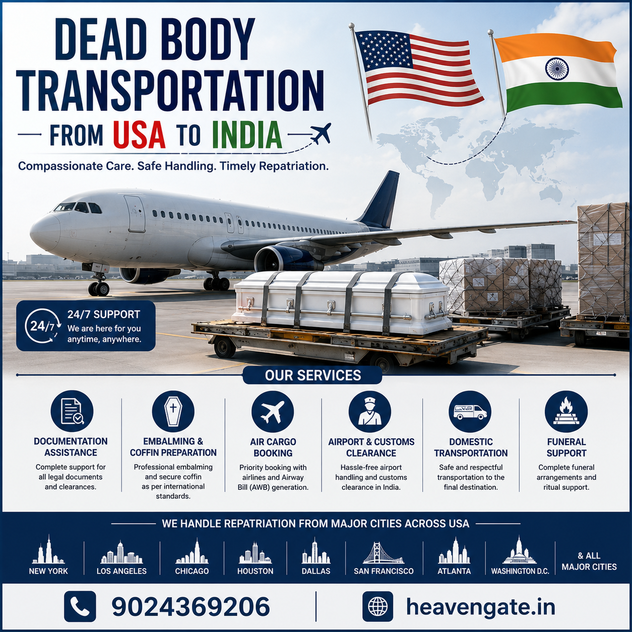 Dead Body Transportation from USA to India with international air cargo repatriation, documentation support, and airport coordination by Heaven Gate.