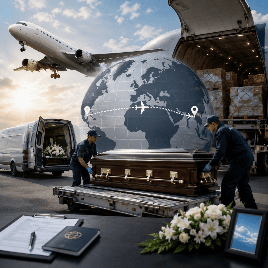 Illustration of international funeral transport showing respectful air cargo repatriation of mortal remains between countries.