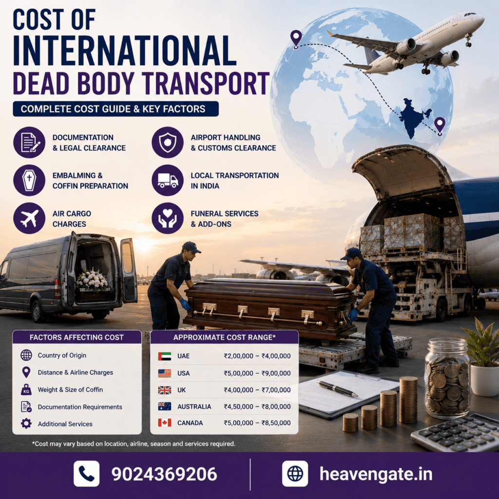 Cost of International Dead Body Transport concept showing dignified international repatriation through air cargo with global transportation and funeral support.