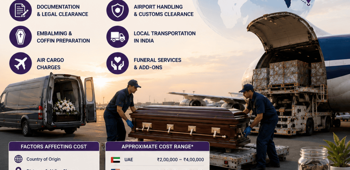 Cost of International Dead Body Transport concept showing dignified international repatriation through air cargo with global transportation and funeral support.
