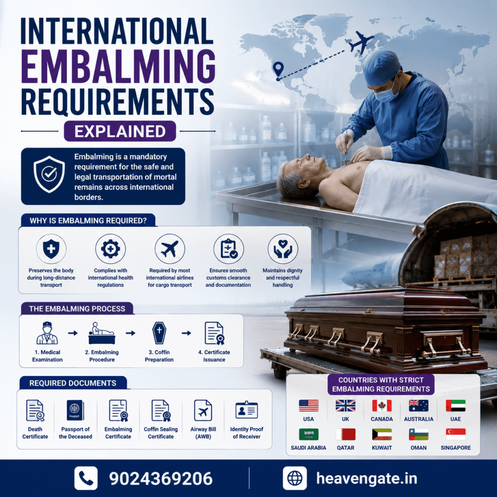International embalming requirements illustration showing professional embalming preparation for international repatriation and air cargo transportation.