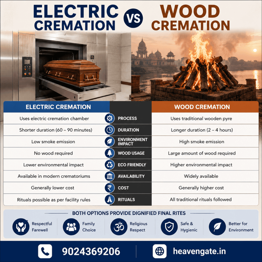 Electric vs Wood Cremation comparison showing traditional wood pyre and modern electric crematorium for dignified final rites in India.