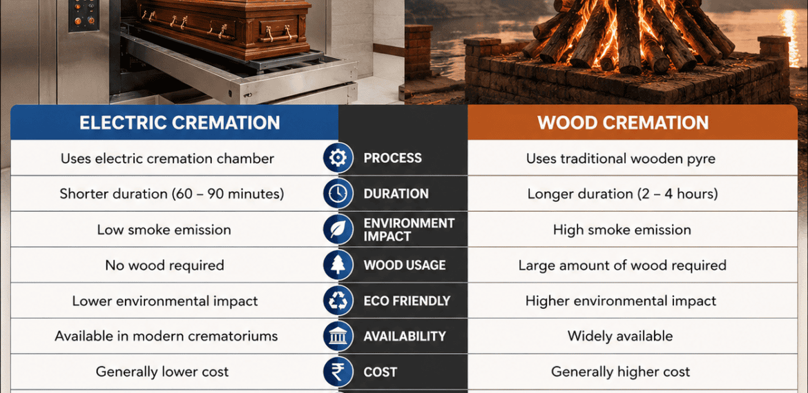 Electric vs Wood Cremation comparison showing traditional wood pyre and modern electric crematorium for dignified final rites in India.
