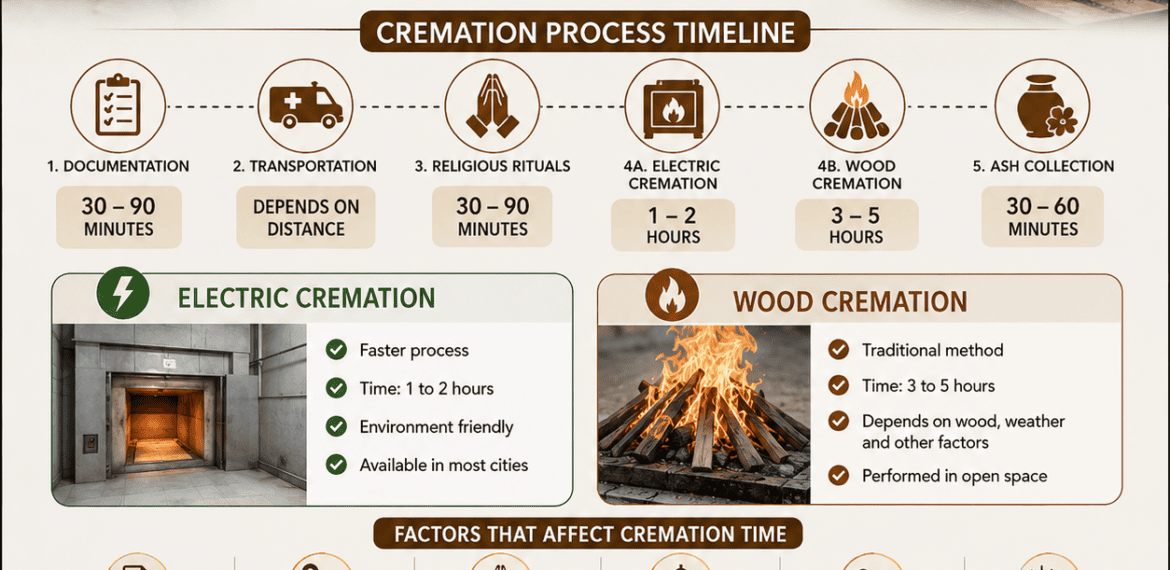 How Long Does Cremation Take infographic showing the cremation timeline, funeral process, and respectful final rites in India.