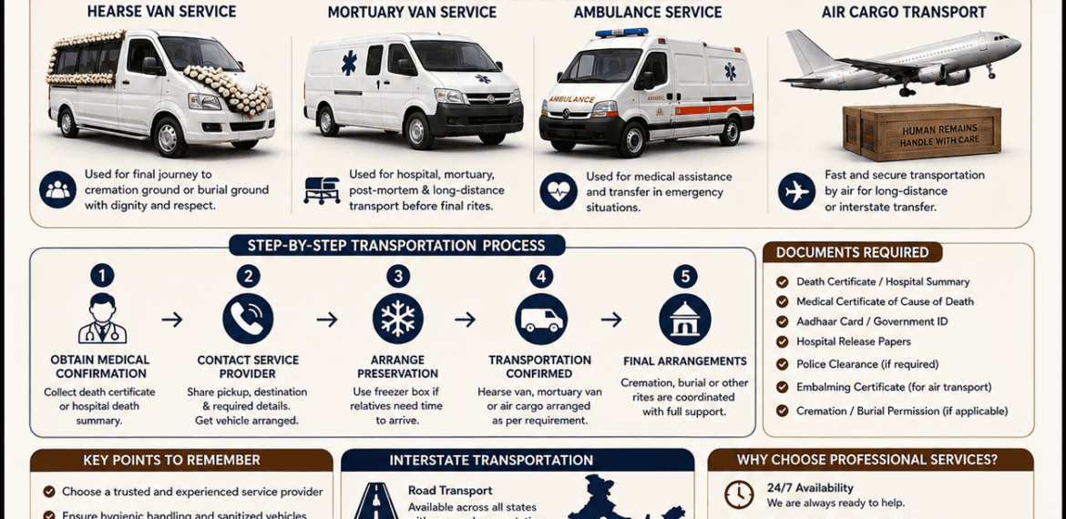 Dead Body Transportation Guide India infographic showing hearse van, mortuary van, ambulance, air cargo transport, required documents, and interstate funeral transportation process.