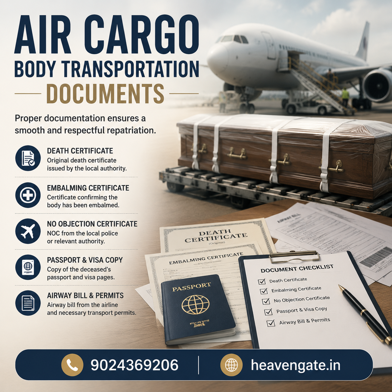 Air cargo body transportation documents required for domestic and international human remains repatriation.