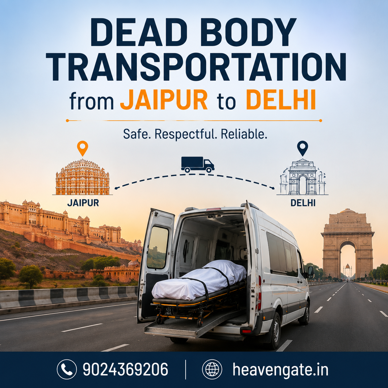 Dead body transportation ambulance service from Jaipur to Delhi with safe and dignified interstate funeral transport.