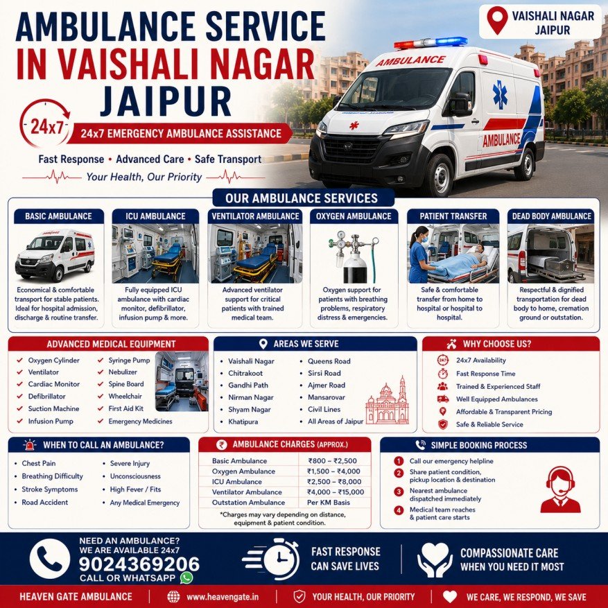 ambulance service in Vaishali Nagar Jaipur with ICU ambulance ventilator ambulance oxygen ambulance and emergency patient transfer