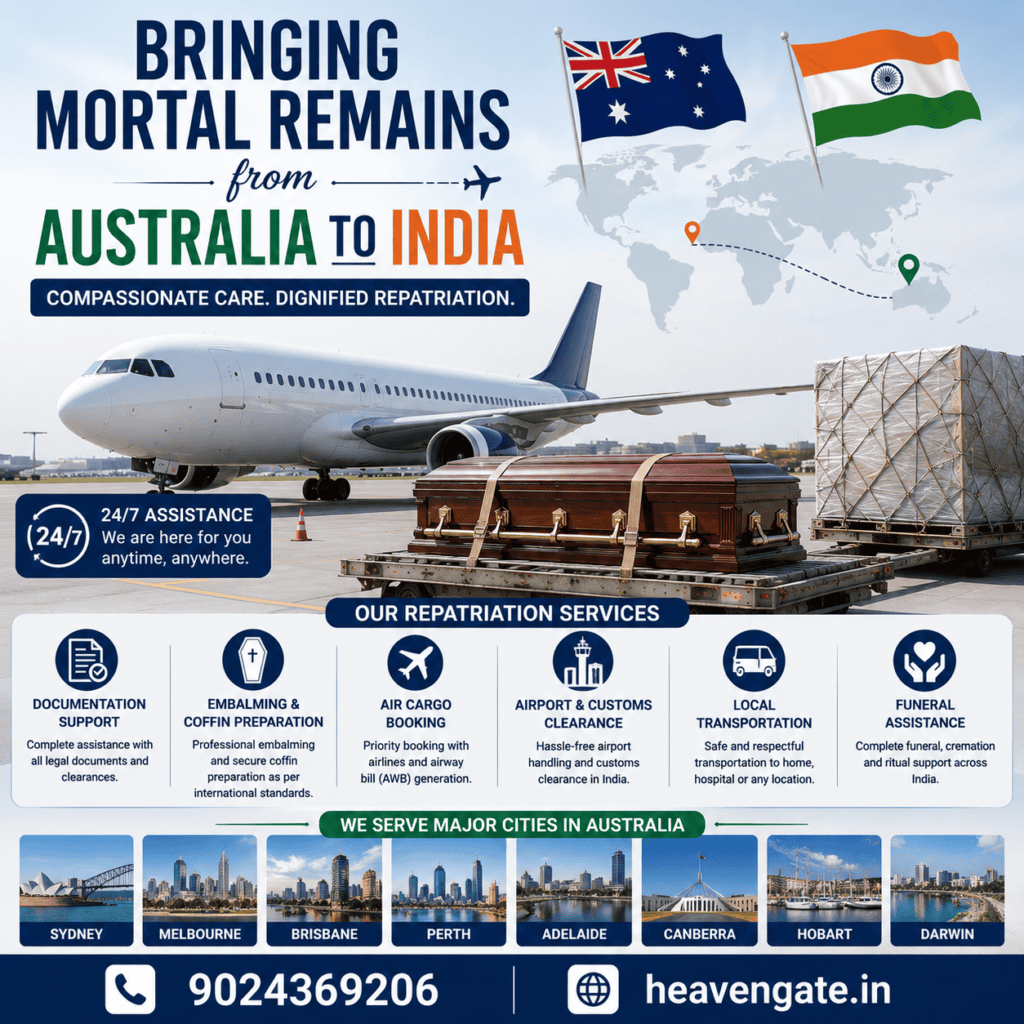 Bringing Mortal Remains from Australia to India through international air cargo with documentation support, airline coordination, and airport clearance by Heaven Gate.
