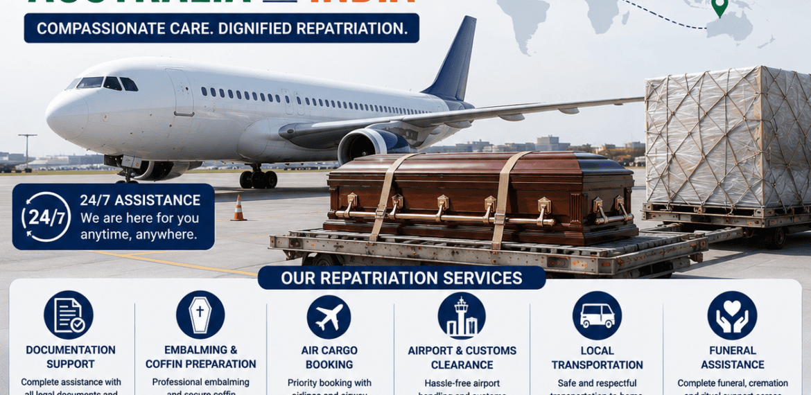 Bringing Mortal Remains from Australia to India through international air cargo with documentation support, airline coordination, and airport clearance by Heaven Gate.