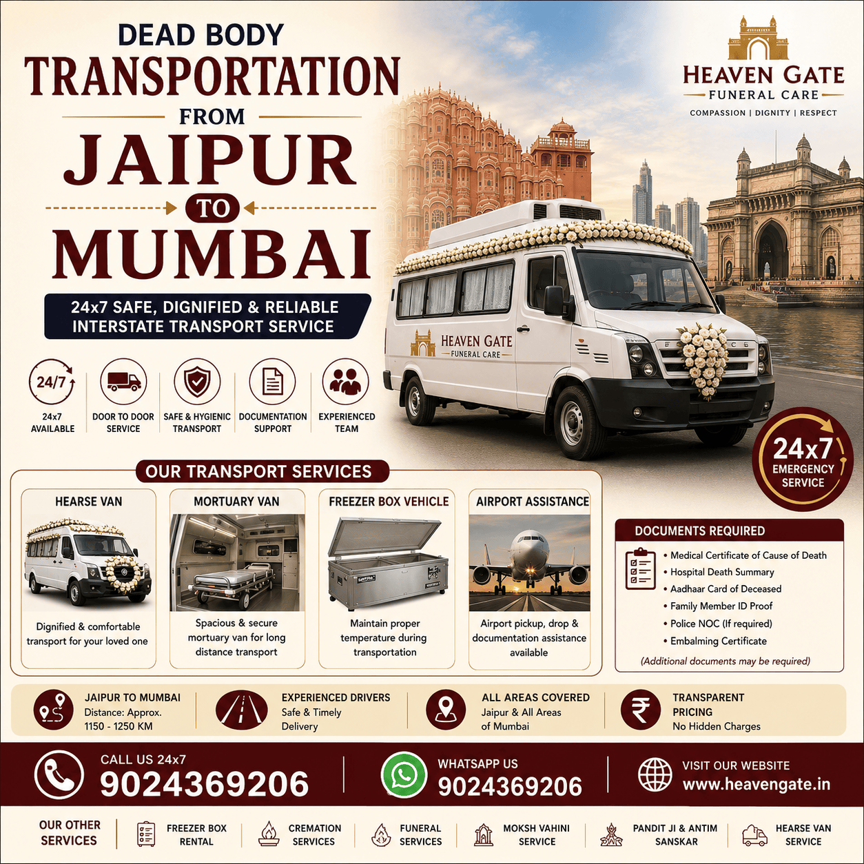 Dead body transportation from Jaipur to Mumbai using a hearse van and freezer box vehicle with 24x7 interstate funeral transportation service