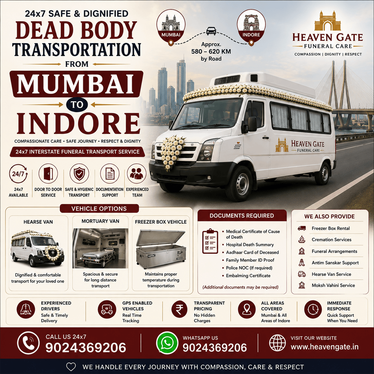Dead body transportation from Mumbai to Indore using hearse van and freezer box vehicle with 24x7 interstate funeral transportation service