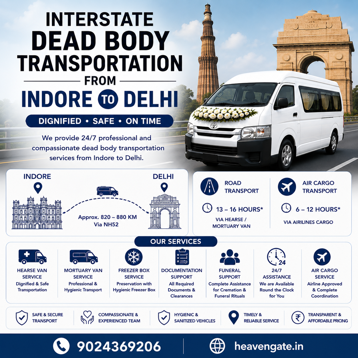 Interstate dead body transportation from Indore to Delhi using hearse van and mortuary van with safe funeral transport service.
