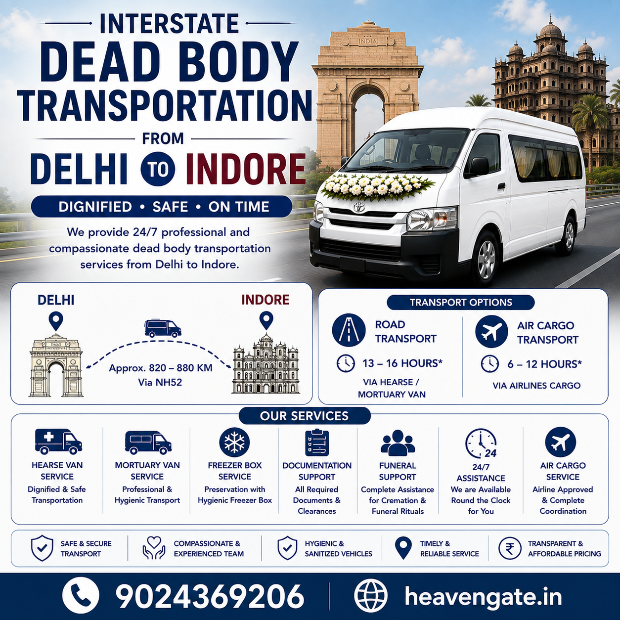 Interstate dead body transportation from Delhi to Indore using hearse van and mortuary van with safe funeral transport service.