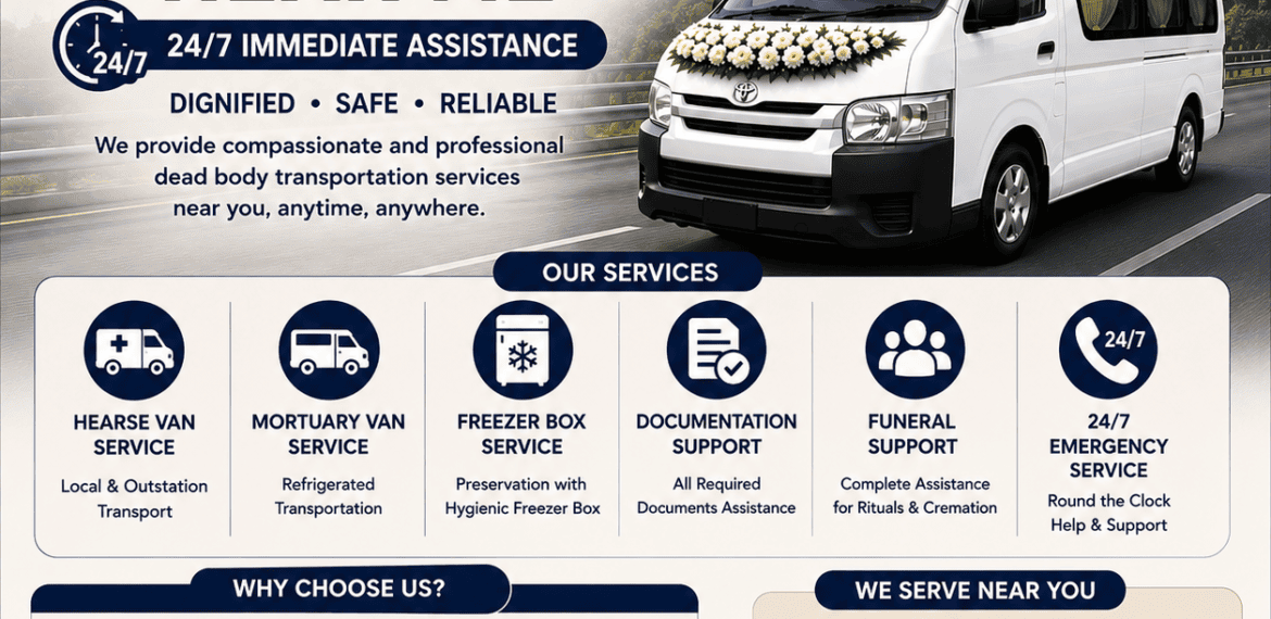 Dead body transportation near me with hearse van, mortuary van, emergency funeral transport, and local funeral assistance service.