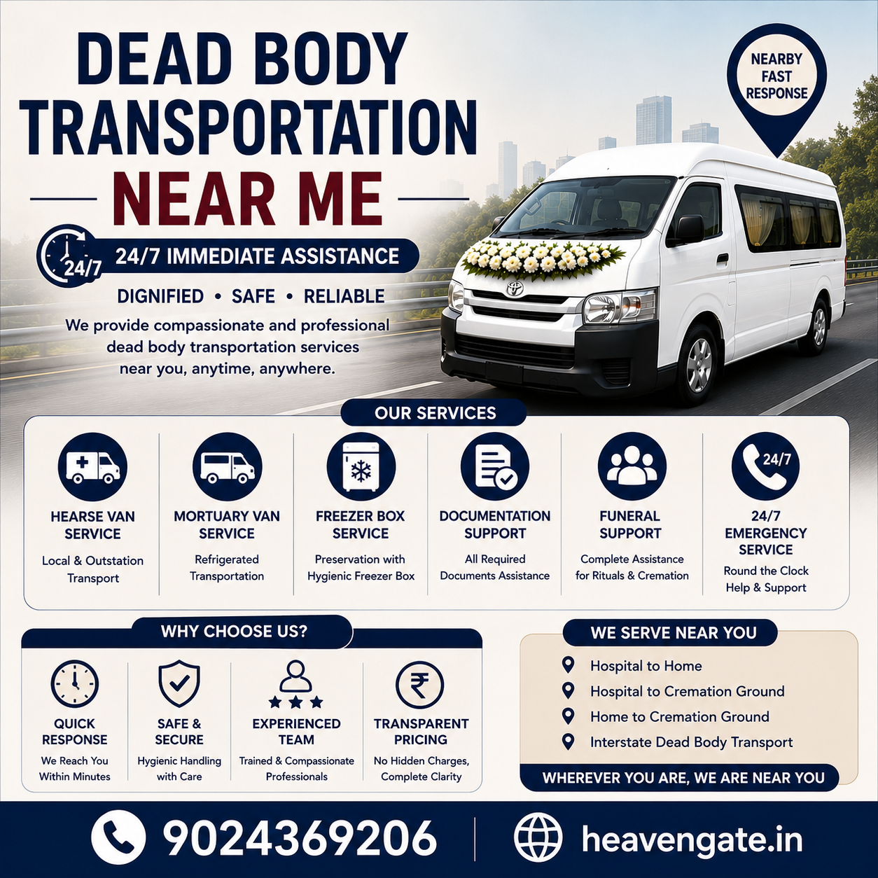 Dead body transportation near me with hearse van, mortuary van, emergency funeral transport, and local funeral assistance service.