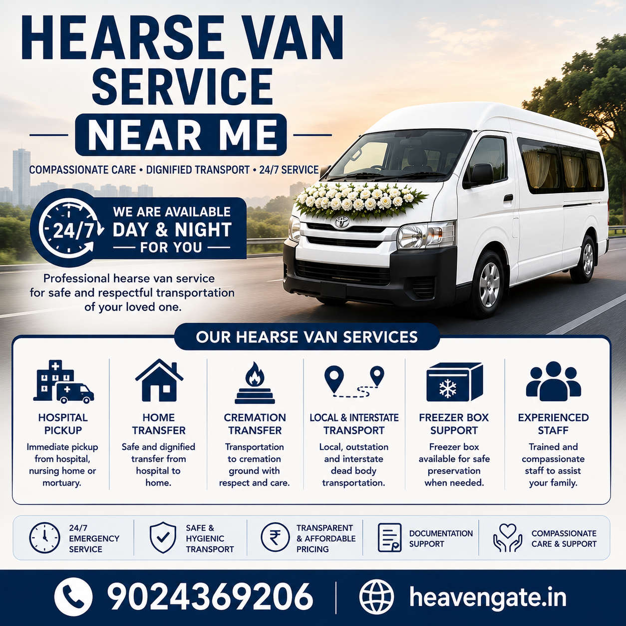 Hearse van service near me with local funeral transport, hospital pickup, cremation transfer, and emergency hearse van assistance.