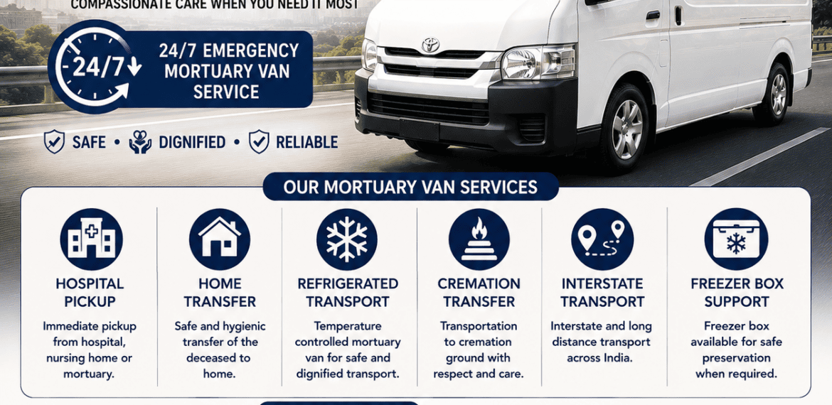 Mortuary van service near me with refrigerated funeral transport, hospital pickup, interstate transfer, and emergency mortuary van assistance.