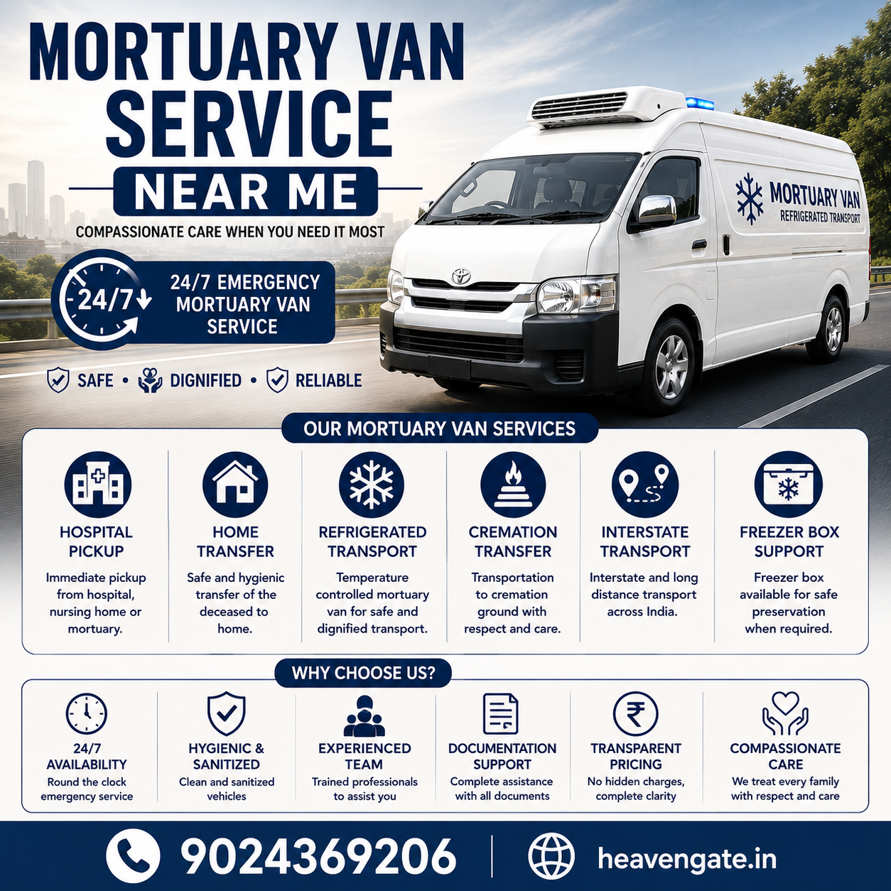 Mortuary van service near me with refrigerated funeral transport, hospital pickup, interstate transfer, and emergency mortuary van assistance.