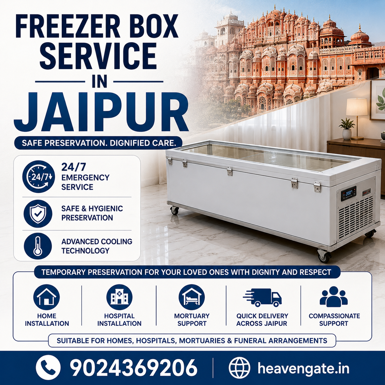 Freezer box service in Jaipur for dead body preservation with emergency delivery, home installation, and funeral support.