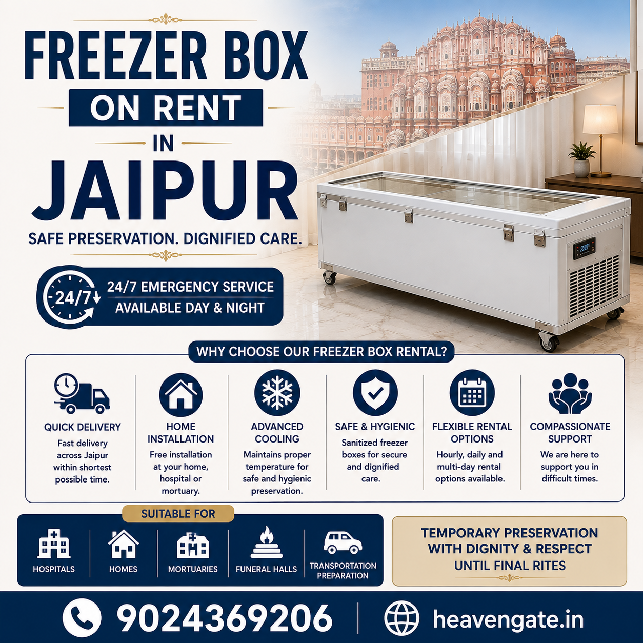 Freezer box on rent in Jaipur for emergency body preservation with home delivery, hospital installation, and funeral support service.