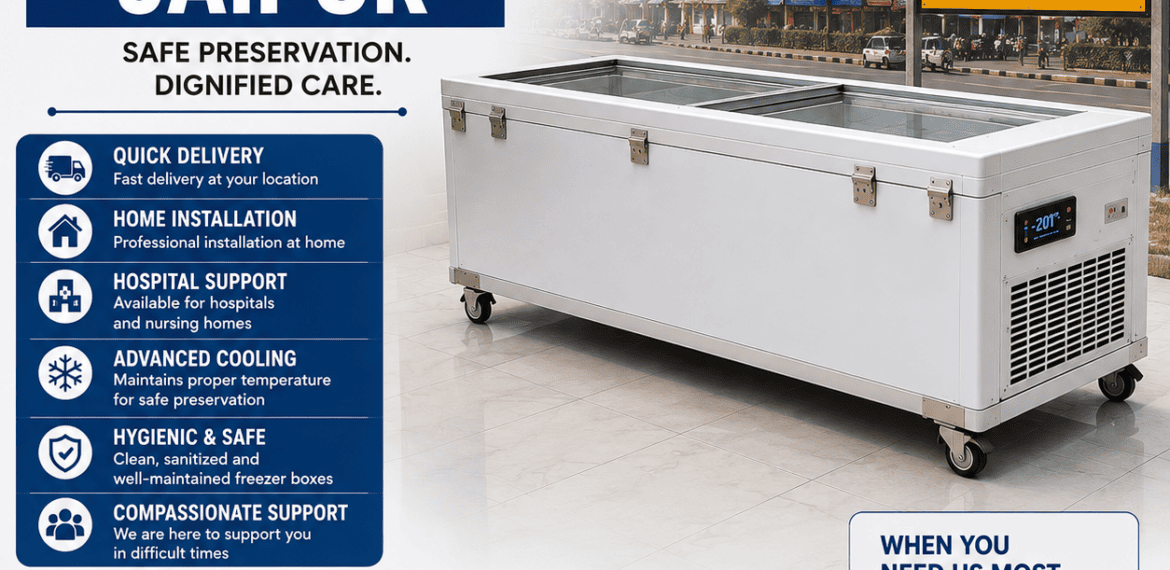 Freezer box service in Mansarovar Jaipur for emergency body preservation with home delivery, hospital installation, and funeral support service.
