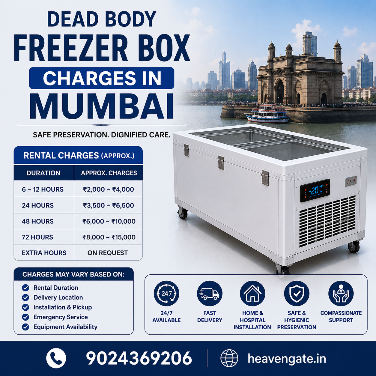 Dead body freezer box charges in Mumbai with rental options and 24/7 freezer box service.