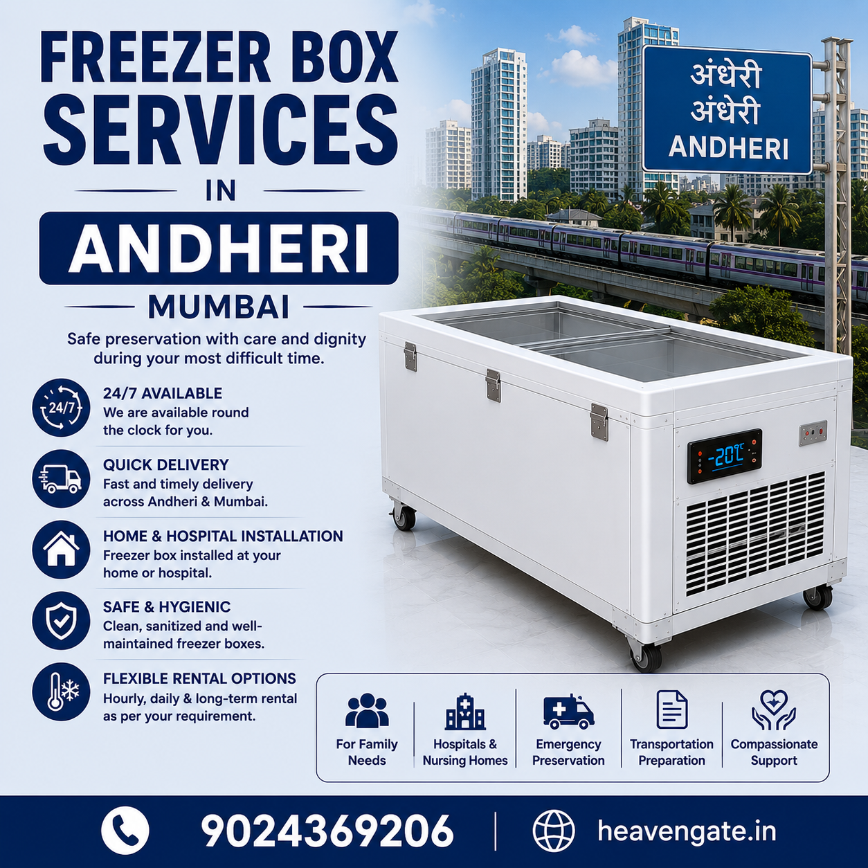 Freezer box services in Andheri Mumbai with emergency delivery, home installation, and temporary body preservation support.