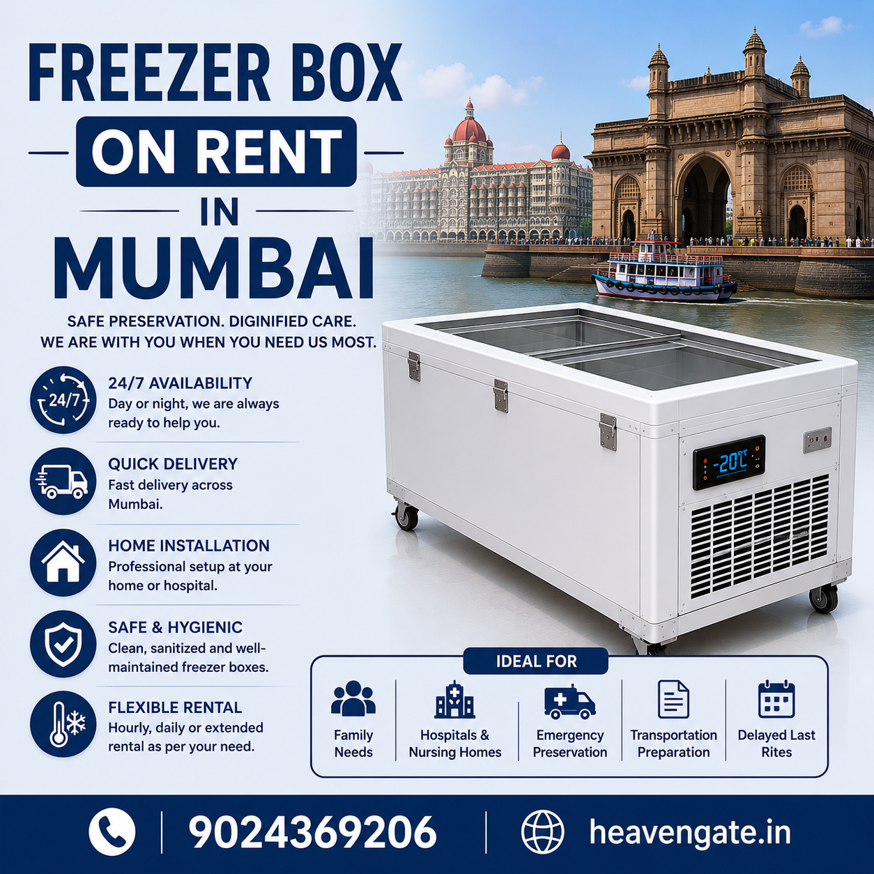 Freezer box on rent in Mumbai for temporary body preservation and emergency funeral support.