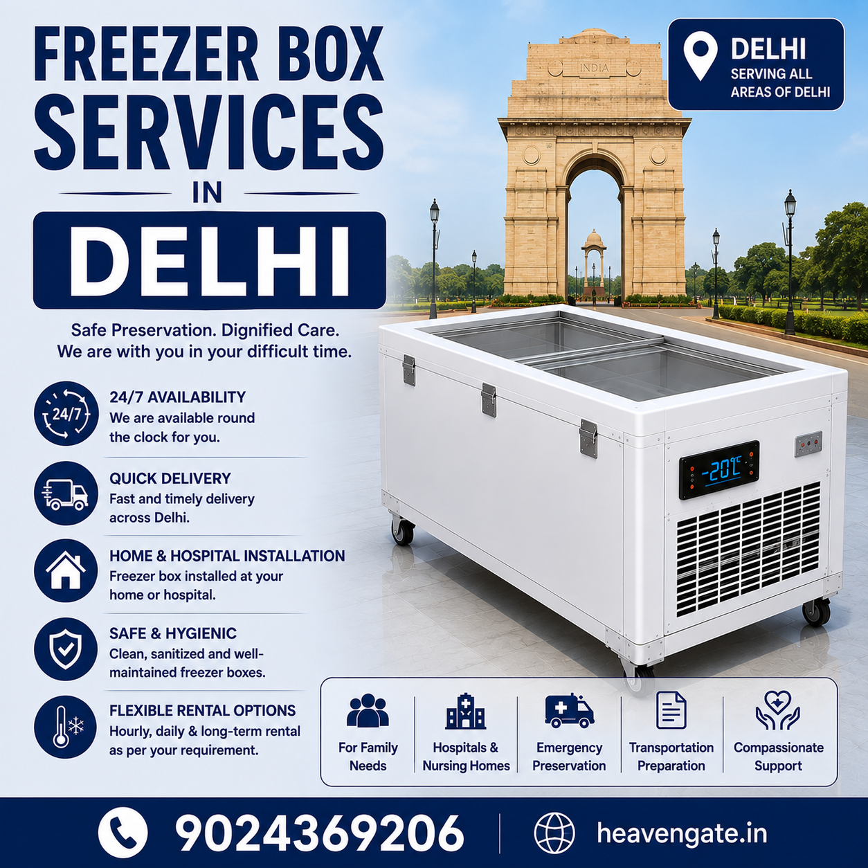 Freezer Box Services in Delhi with 24/7 emergency availability, quick delivery, and home or hospital installation.