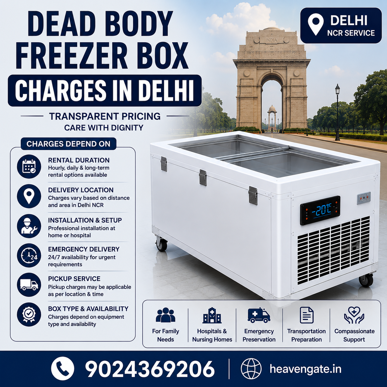 Dead Body Freezer Box Charges in Delhi with rental, delivery, installation, and emergency service information.