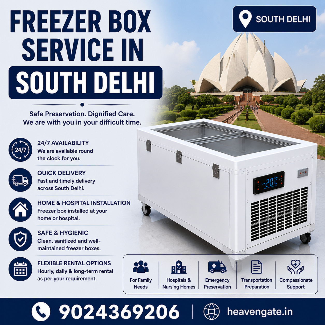 Freezer Box Service in South Delhi with 24/7 emergency support, quick delivery, and home or hospital installation.