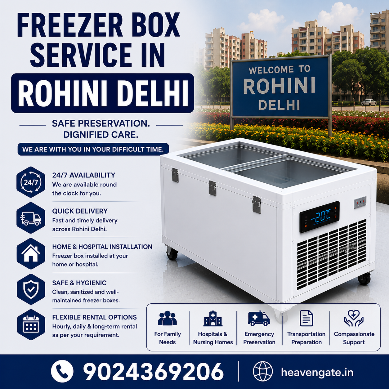 Freezer Box Service in Rohini Delhi with 24/7 emergency support, quick delivery, and home or hospital installation.