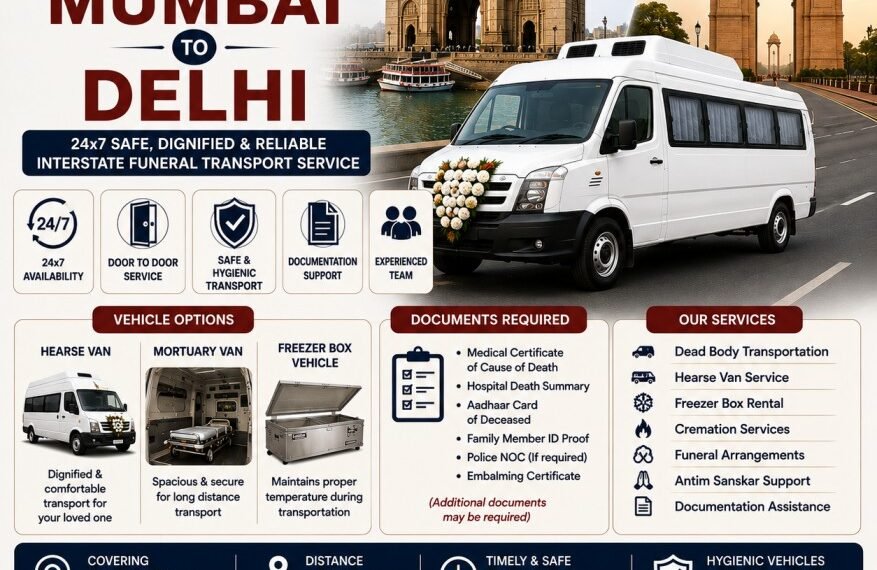 Dead body transportation from Mumbai to Delhi using hearse van and freezer box vehicle with 24x7 interstate funeral transportation service