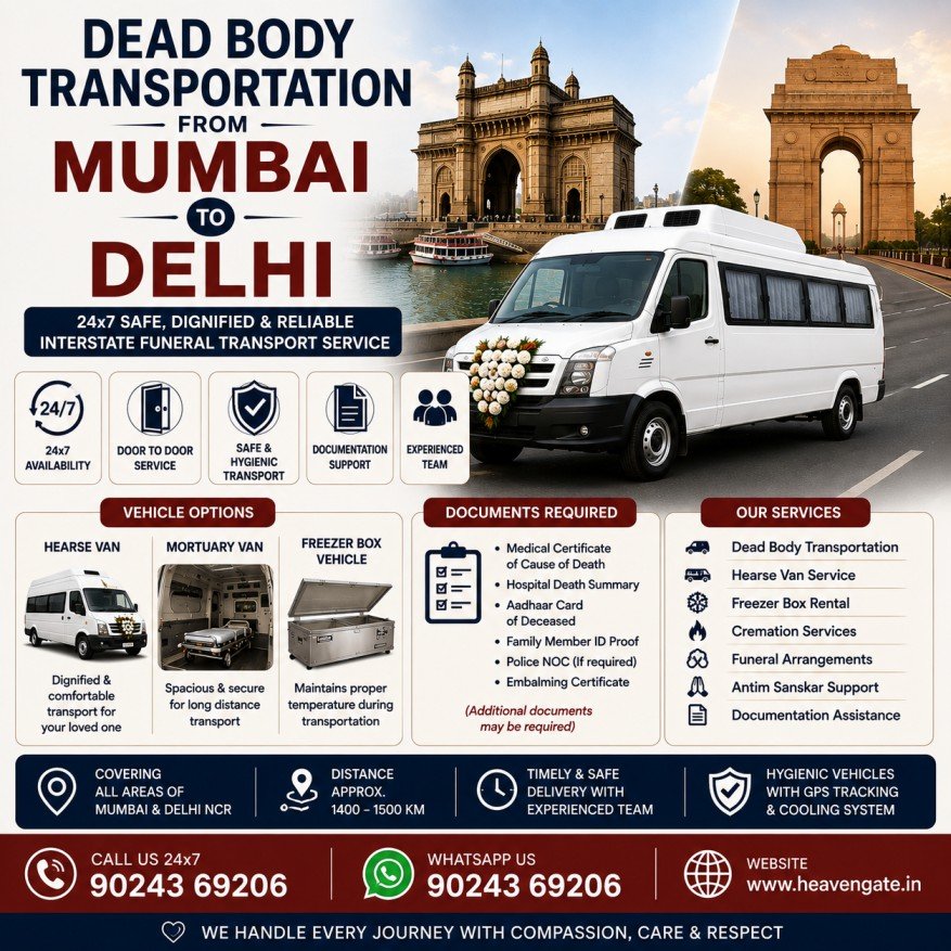Dead body transportation from Mumbai to Delhi using hearse van and freezer box vehicle with 24x7 interstate funeral transportation service