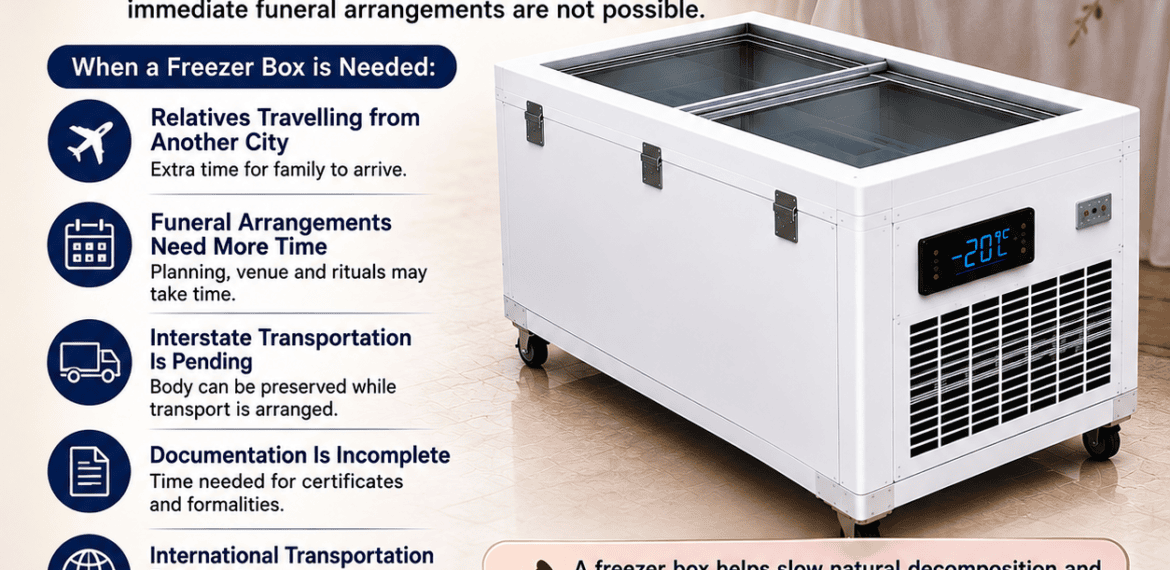 When Is a Freezer Box Required After Death? Freezer box service for temporary body preservation during funeral and transportation arrangements.