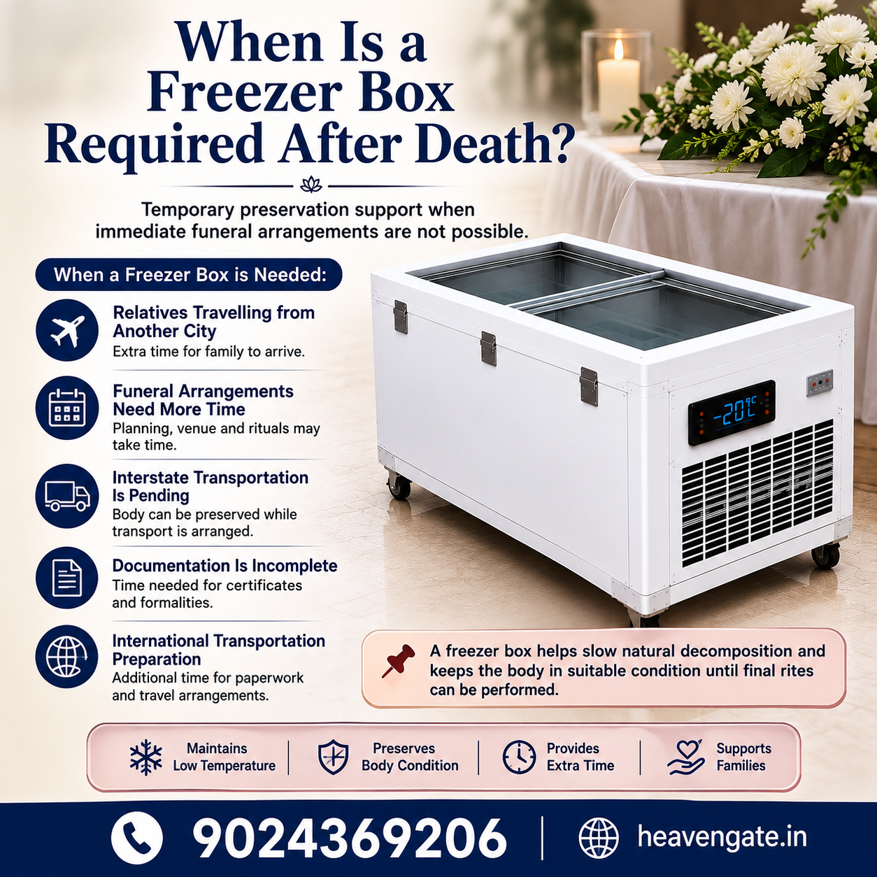 When Is a Freezer Box Required After Death? Freezer box service for temporary body preservation during funeral and transportation arrangements.