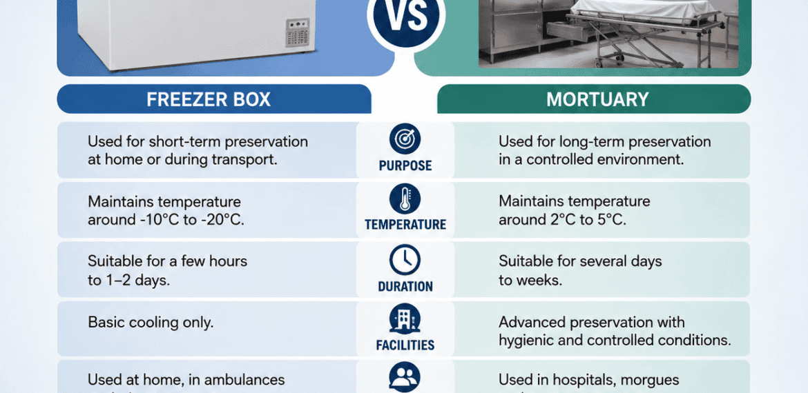 Difference between a freezer box and mortuary showing key differences in purpose, temperature, duration, facilities, usage, cost, and preservation.