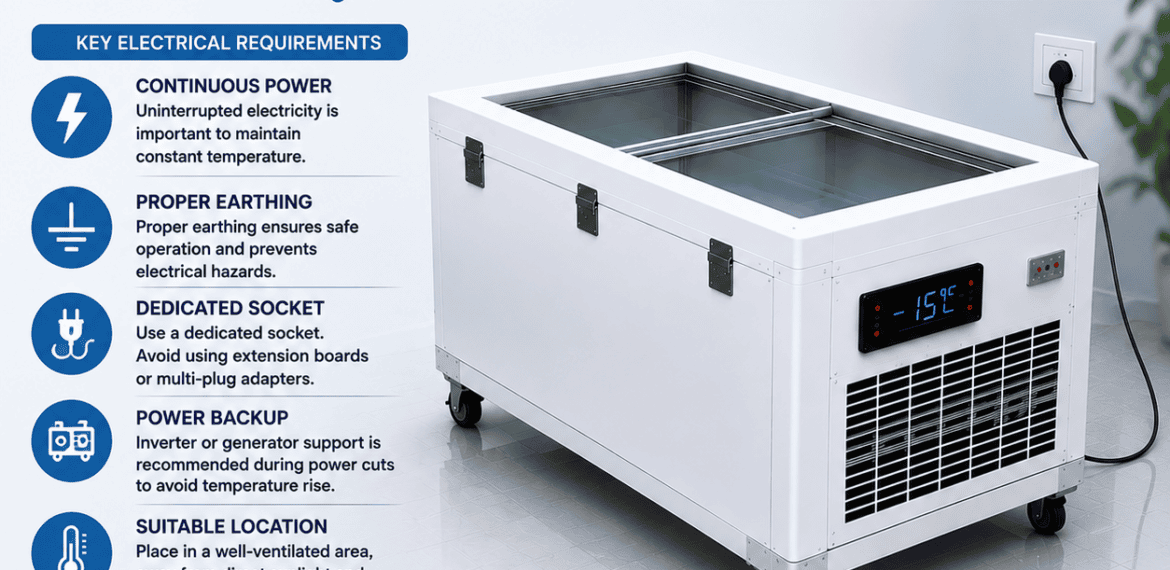 Electricity Requirements for a Dead Body Freezer Box with 220–240V AC power supply, proper earthing, and safe installation guide.