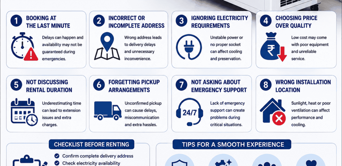 Common Mistakes While Renting a Freezer Box infographic with booking, electricity, delivery, and installation tips.
