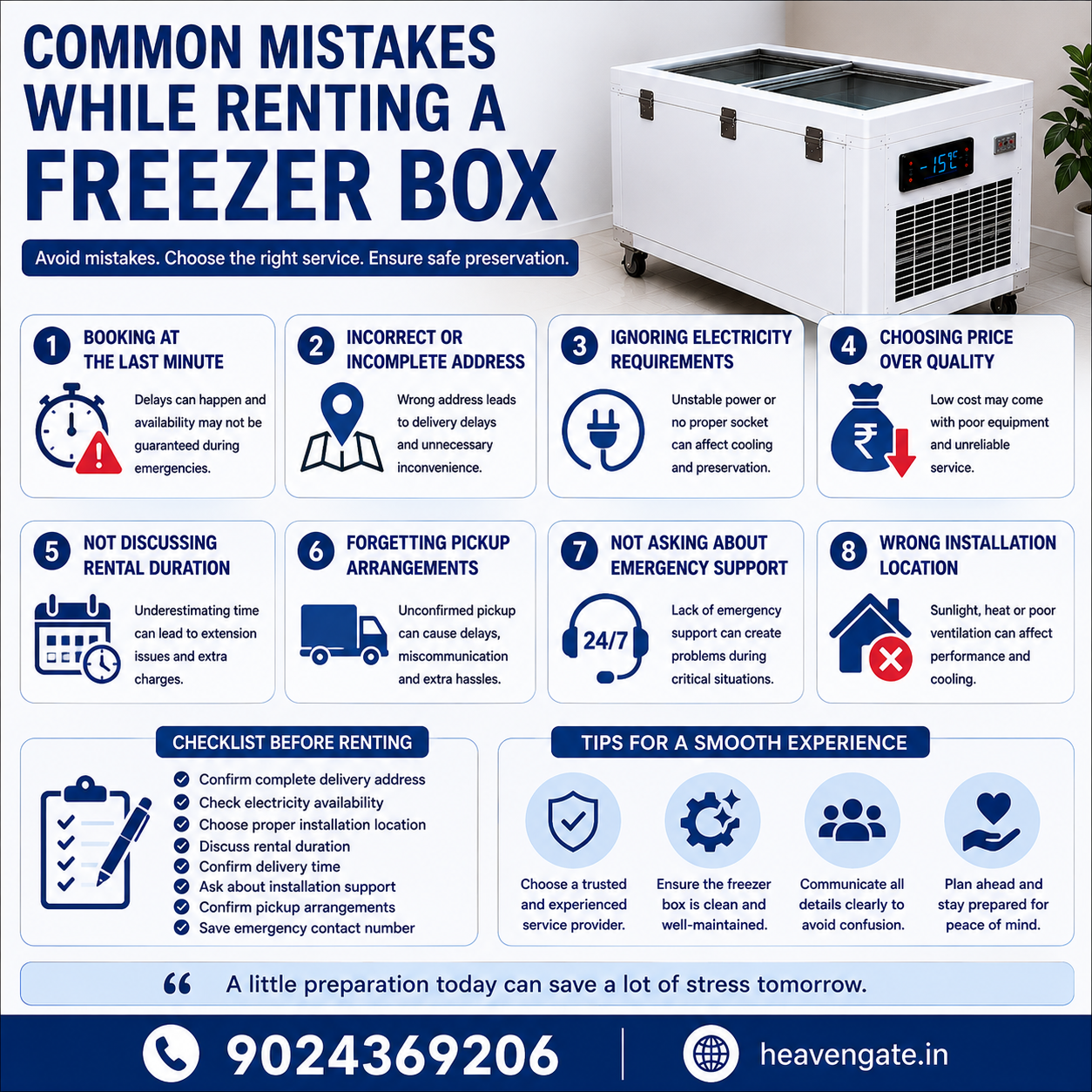 Common Mistakes While Renting a Freezer Box infographic with booking, electricity, delivery, and installation tips.